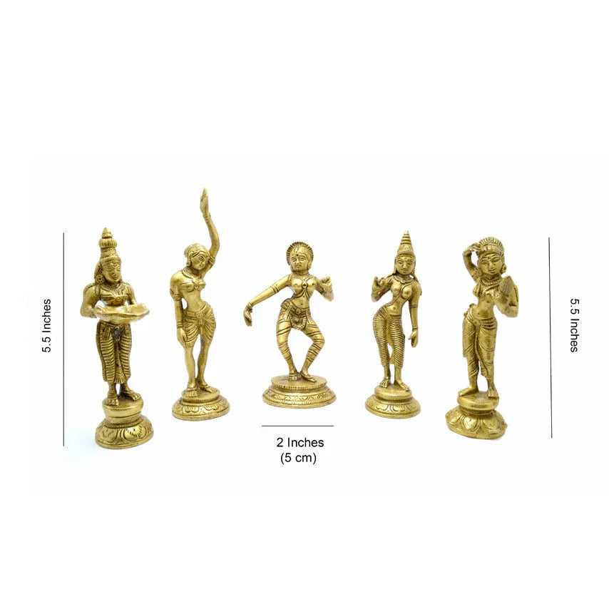 Brass Apsara with Dancing Pose Showpieces - Set of 5 Statues
