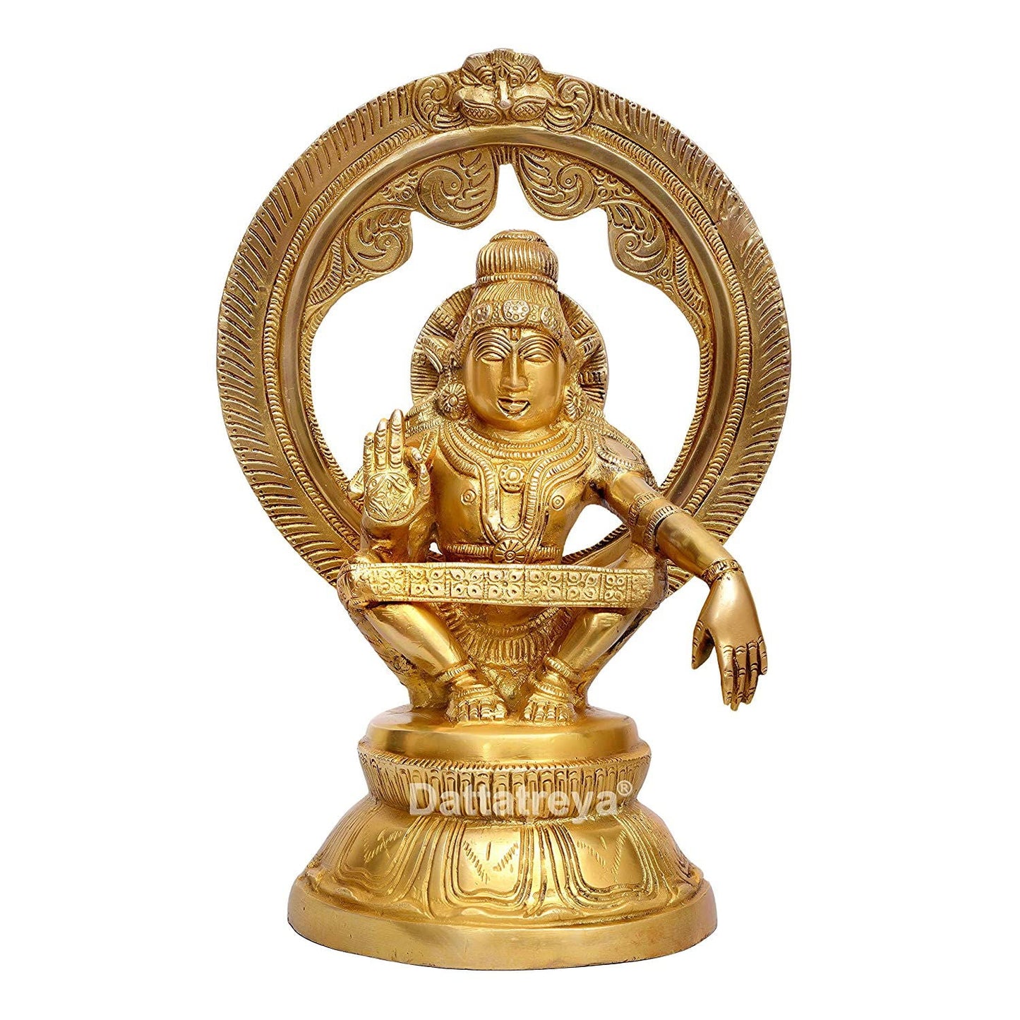 Brass Ayyappan Swamy A Saint Revered as Incarnation of Dharma Brass Sculpture Kirtimukha Top and Prabhavali Height (Gold, 12 x 8.25 x 5.25 Inches) - ArtyCraftz.com