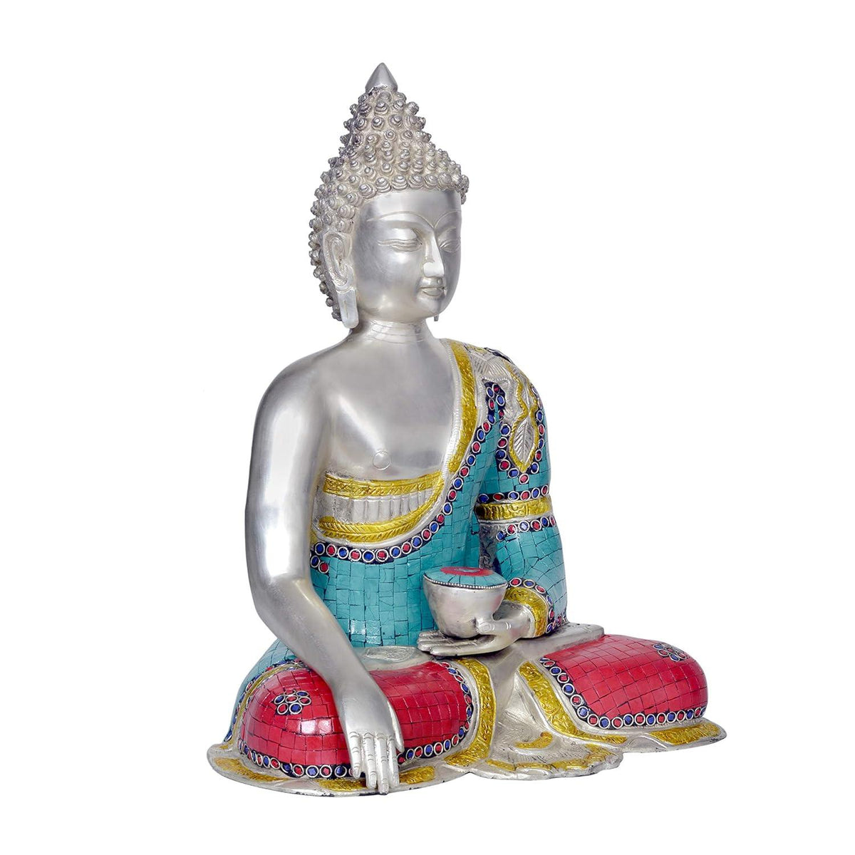 Handcrafted 15-inch solid brass Buddha idol in Bhumisparsha Mudra — silver-tone face and body with turquoise mosaic, coral and lapis stone inlay robe and medicine bowl — ArtyCraftz