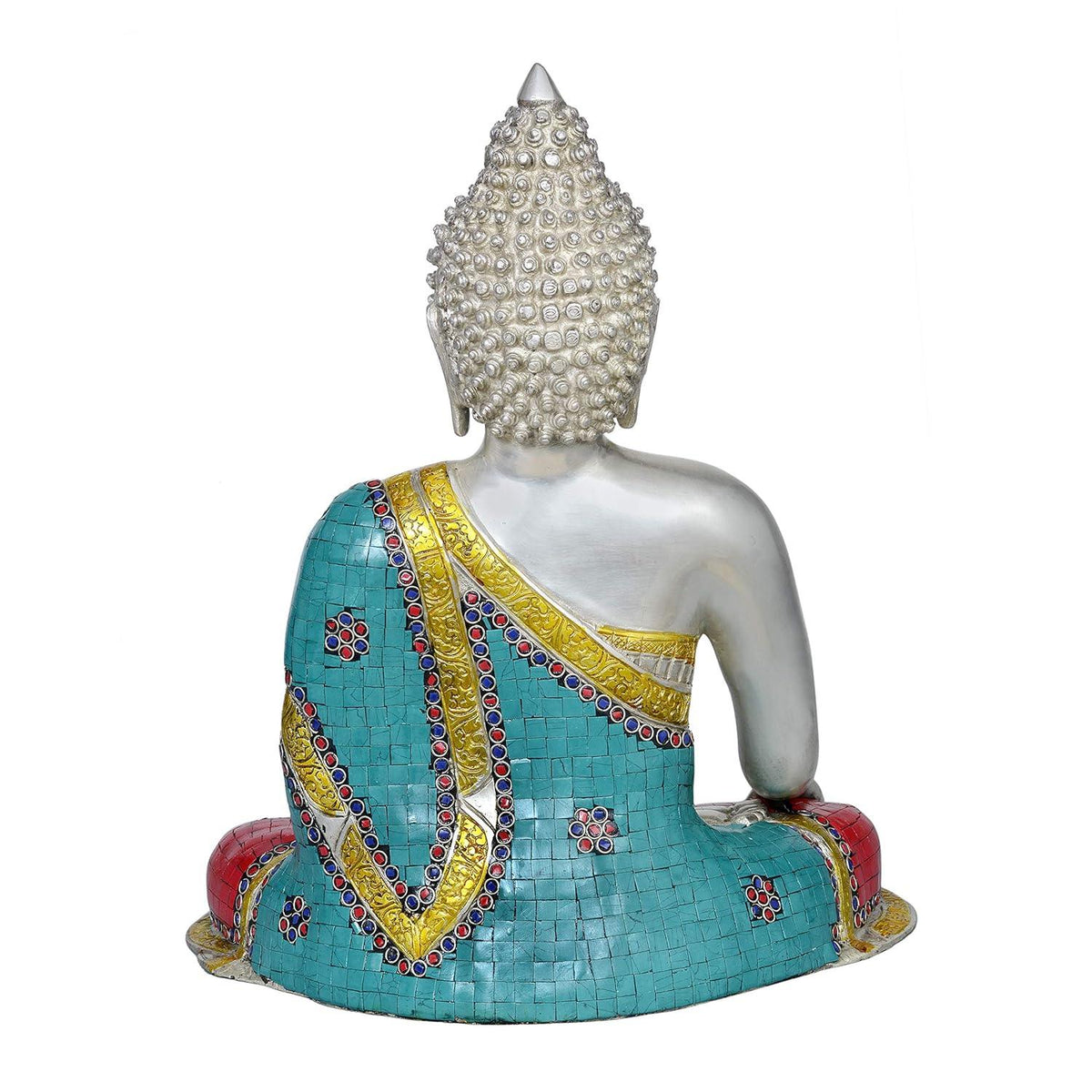 Handcrafted 15-inch solid brass Buddha idol in Bhumisparsha Mudra — silver-tone face and body with turquoise mosaic, coral and lapis stone inlay robe and medicine bowl — ArtyCraftz