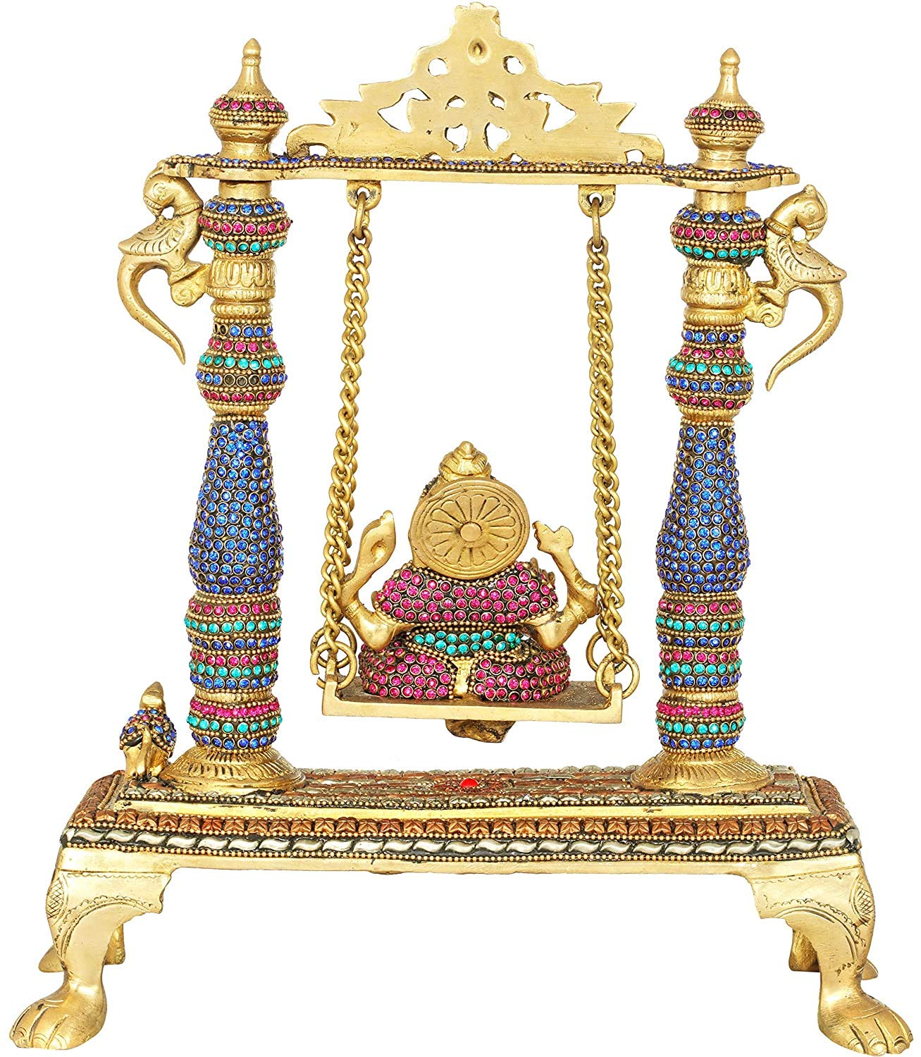 Brass Blue Gem Stone Ganesha On Swing Statue- ArtyCraftz.com