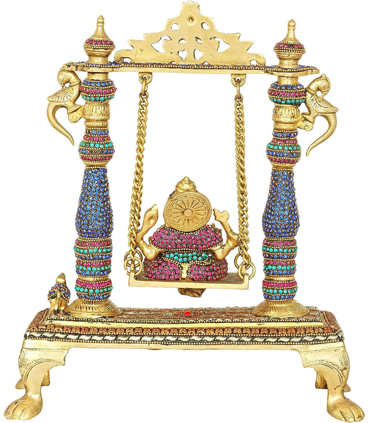 Handcrafted 13.2-inch brass Ganesha on swing jhula idol — stone-studded pillars in blue, pink and green, gold chain swing, decorative arch crown and lion-paw footed base — ArtyCraftz