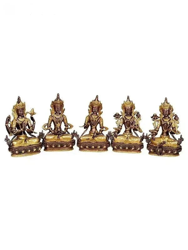 Brass Bodhisattvas Deities Green Tara, Manjushri, Chenrezig, Vajradhara and White Tara Idol-ArtyCraftz.com