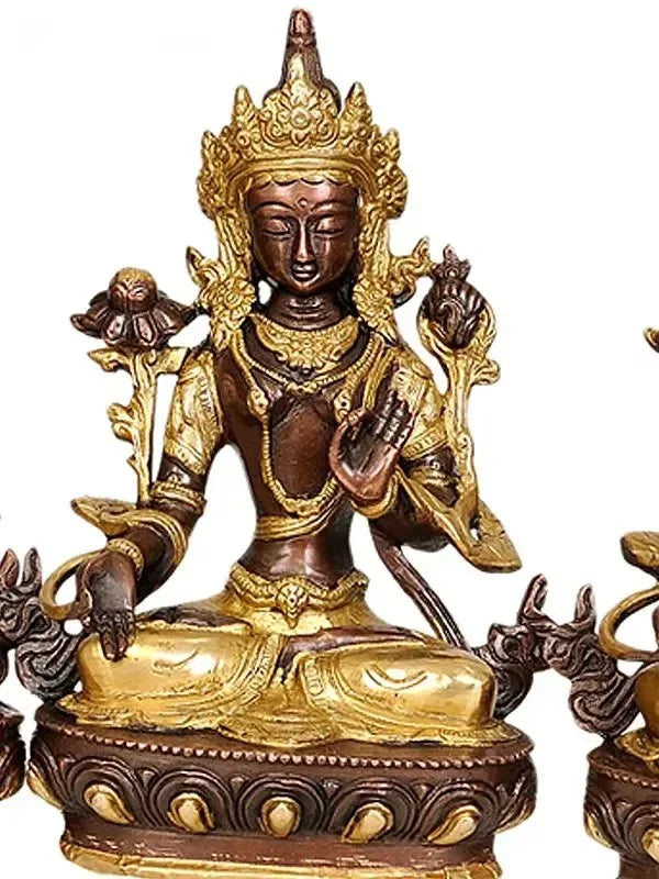 Brass Bodhisattvas Deities Green Tara, Manjushri, Chenrezig, Vajradhara and White Tara Idol-ArtyCraftz.com
