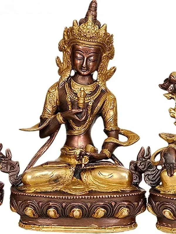 Brass Bodhisattvas Deities Green Tara, Manjushri, Chenrezig, Vajradhara and White Tara Idol