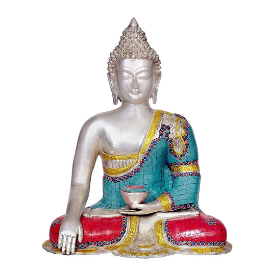 Handcrafted 15-inch solid brass Buddha idol in Bhumisparsha Mudra — silver-tone face and body with turquoise mosaic, coral and lapis stone inlay robe and medicine bowl — ArtyCraftz