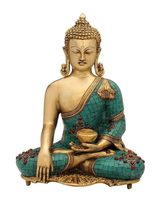 Seated Buddha brass statue with turquoise decorative detailing-ArtyCraftz.com
