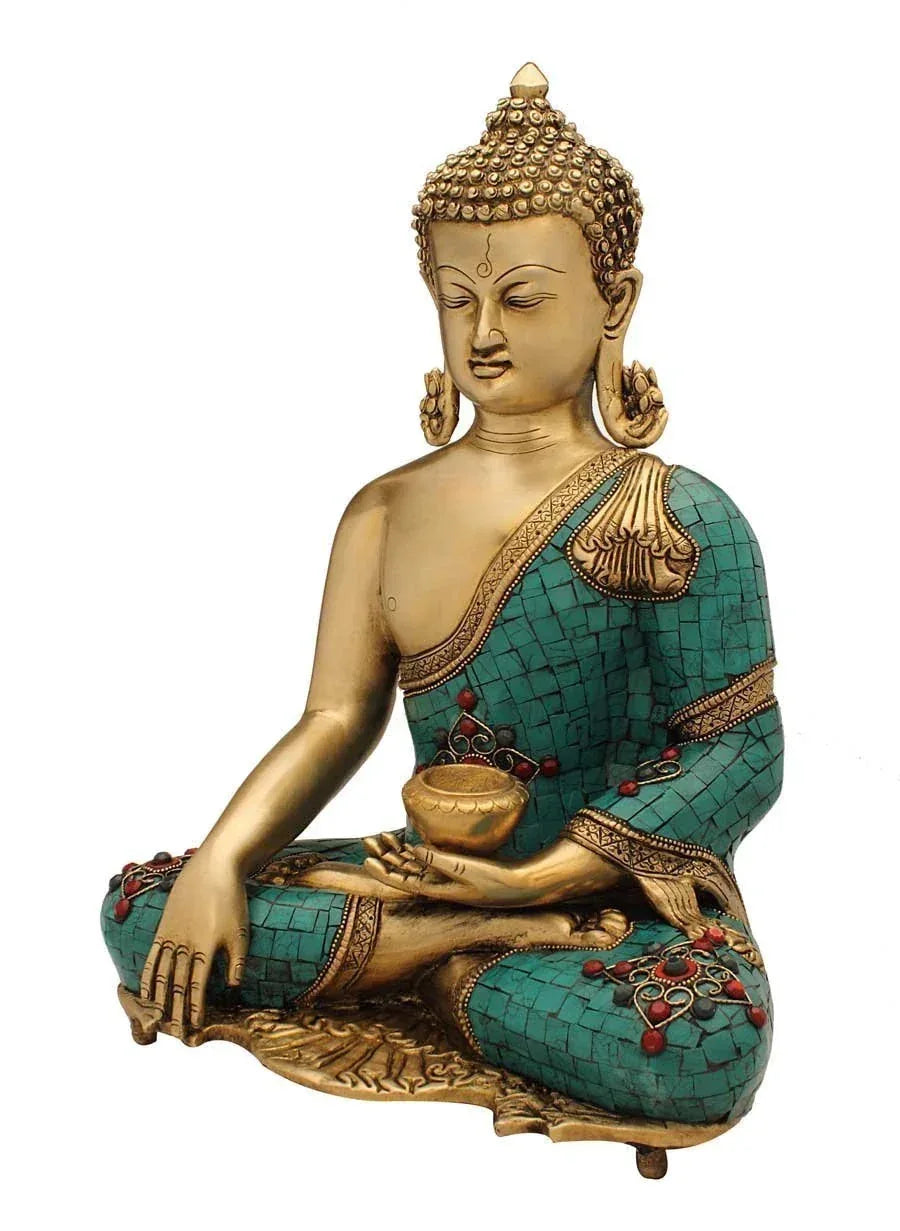 Seated Buddha brass statue with turquoise decorative detailing-ArtyCraftz.com