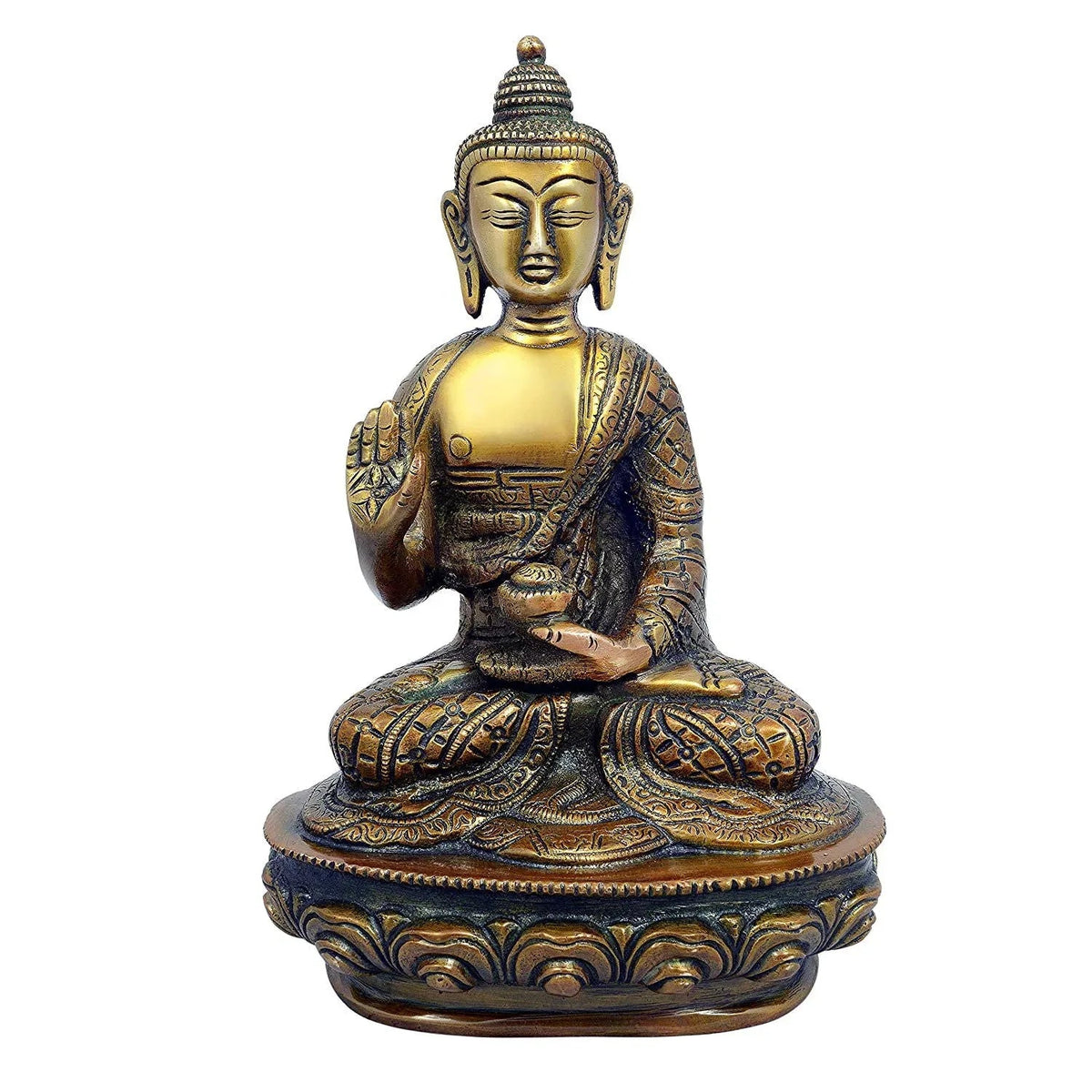 Handcrafted 7.5-inch solid brass Buddha idol seated in Abhaya Mudra — warm copper and antique gold two-tone finish with engraved robe and medicine bowl on lotus base — ArtyCraftz