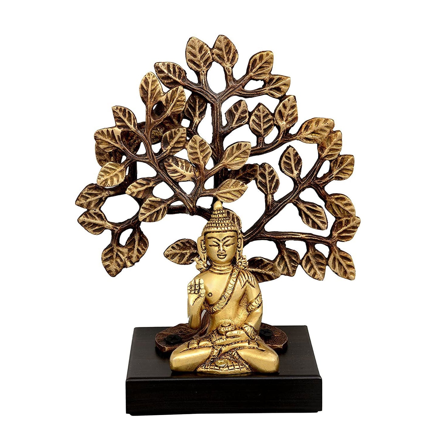 Brass Buddha Statue with Tree Sitting On Wooden Base Height 7.5 - ArtyCraftz.com