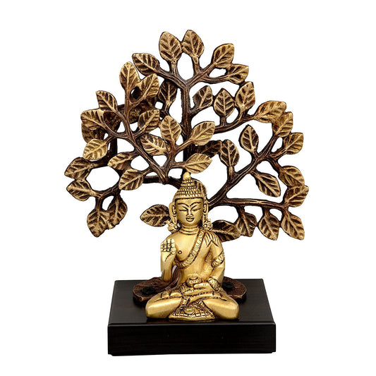 Brass Buddha Under Bodhi Tree Showpiece – Spiritual Table Decor (7.5 Inch) - ArtyCraftz.com