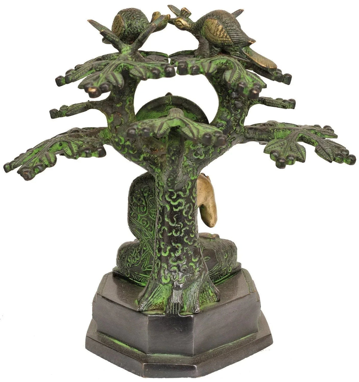Brass Buddha Under Bodhi Tree Statue 9.5 Inches Height Back View