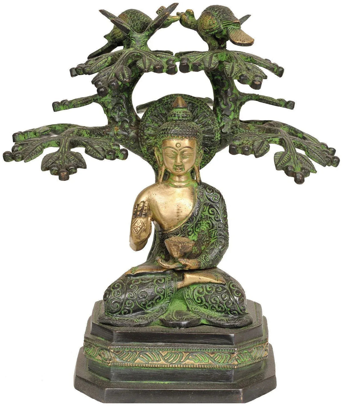 Brass Buddha Under Bodhi Tree Statue 9.5 Inches Height - ArtyCraftz.com