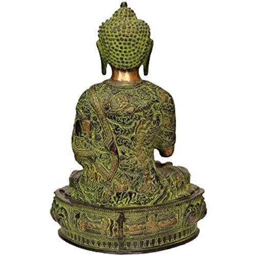 Handcrafted 15-inch solid brass Buddha idol seated in Abhaya Mudra with Tibetan green-gold oxidised finish, engraved robe with narrative scenes, and lotus base — ArtyCraftz