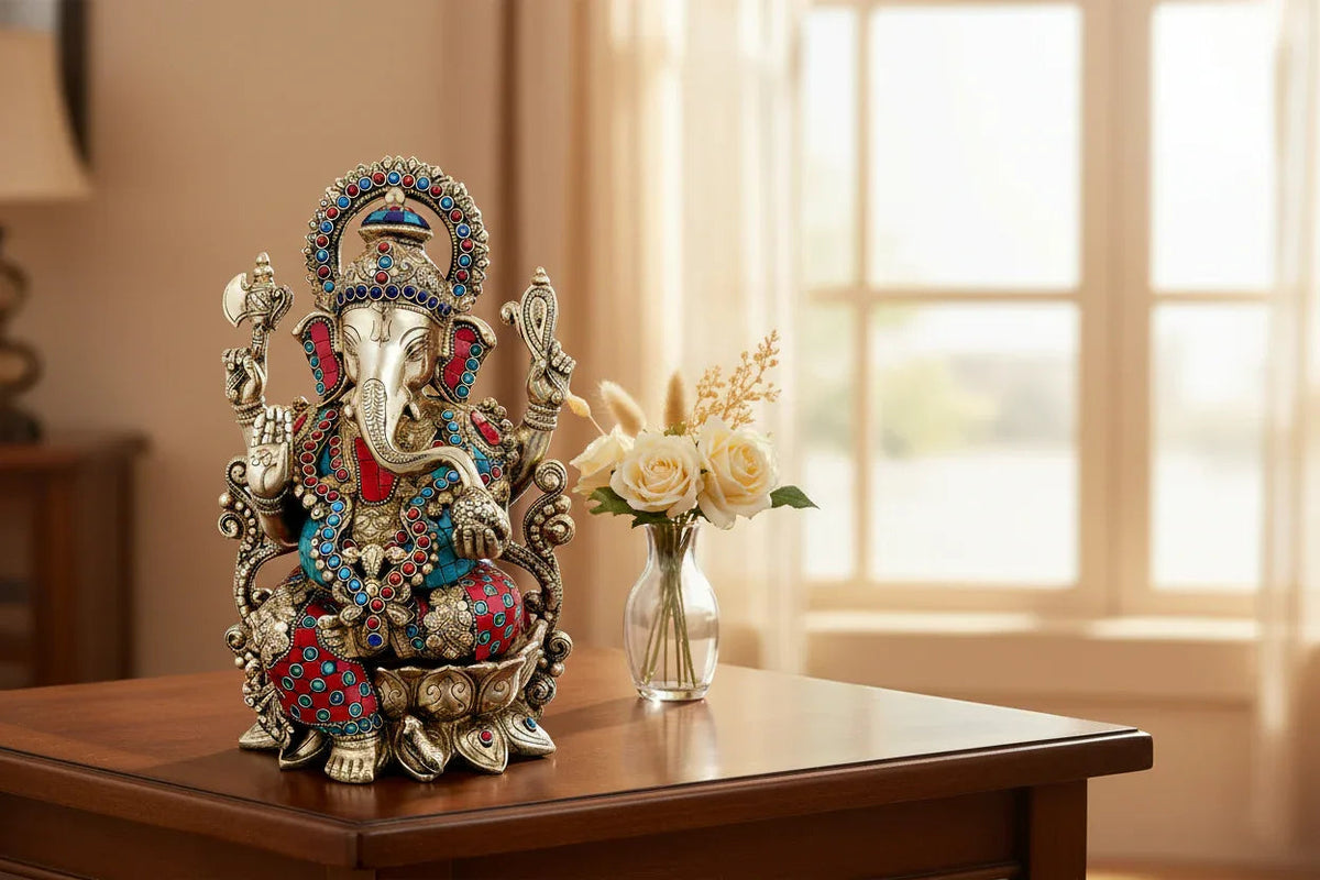 Handcrafted 13-inch white brass Ganesha idol with extensive turquoise and coral red stone inlay work, Om engraved palm, halo arch and lotus base Tibetan style — ArtyCraftz
