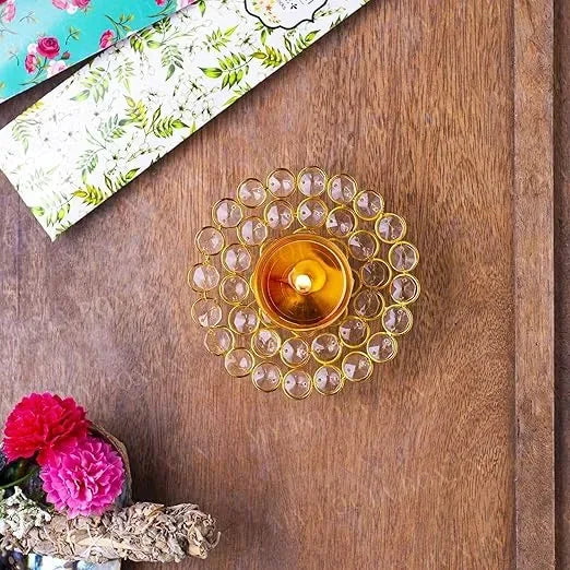 Brass Crystal Akhand Diya Oil Puja Lamp for Home Decor 2.4 Inches - ArtyCraftz.com