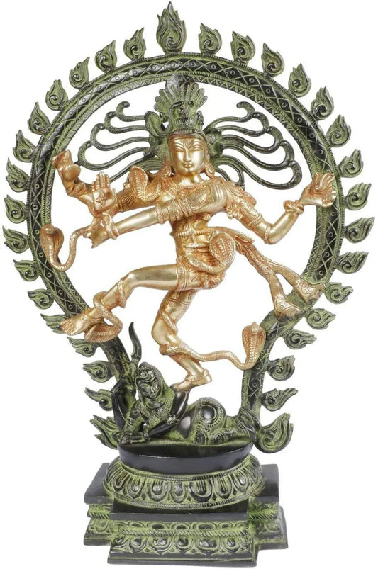 Solid Brass Nataraja Dancing Shiva Statue 33x25x7cm - Prabhamandala Ring Lotus Base Green Gold-ArtyCraftz.com