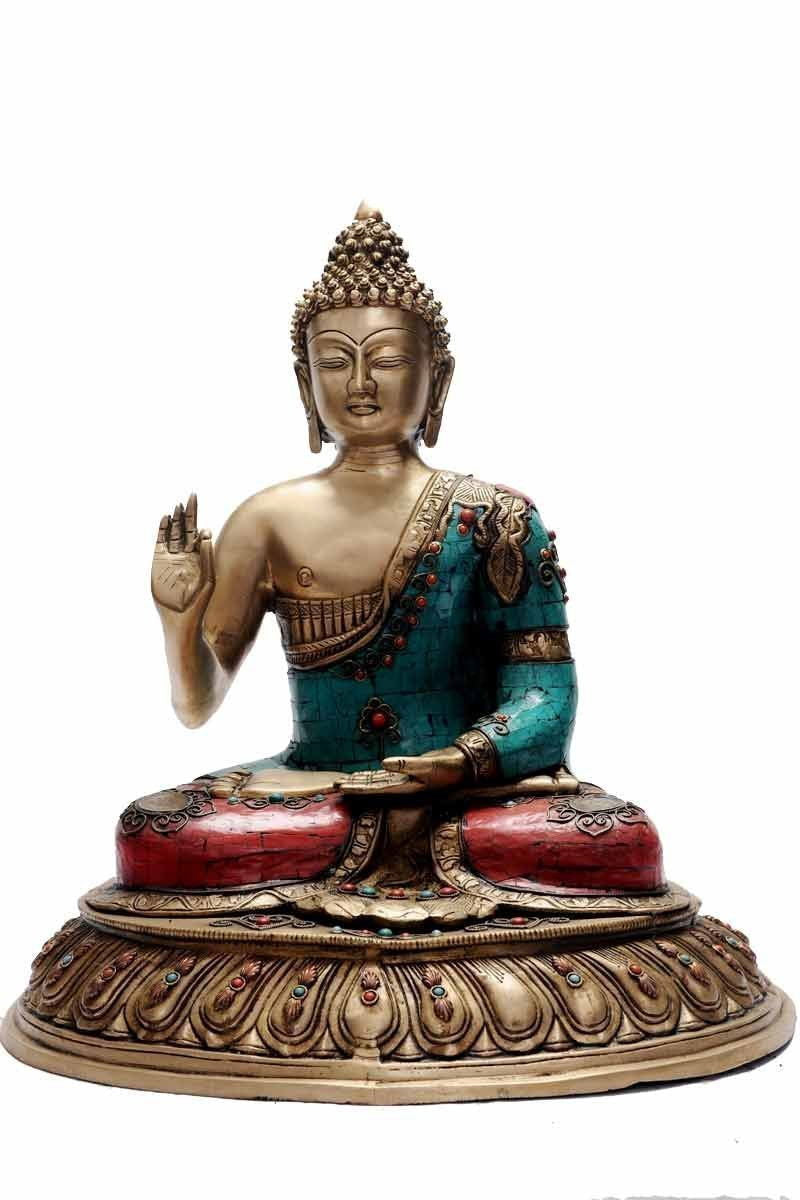 Brass Debating Buddha on Lotus Flower Base with Beads and Stones Statue (20",) - ArtyCraftz.com