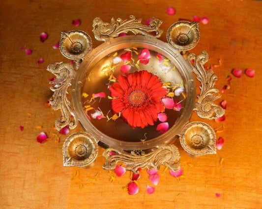 Brass Decorative 4 Diya and 4 Bell Urli for festivals and home decor-ArtyCraftz.com