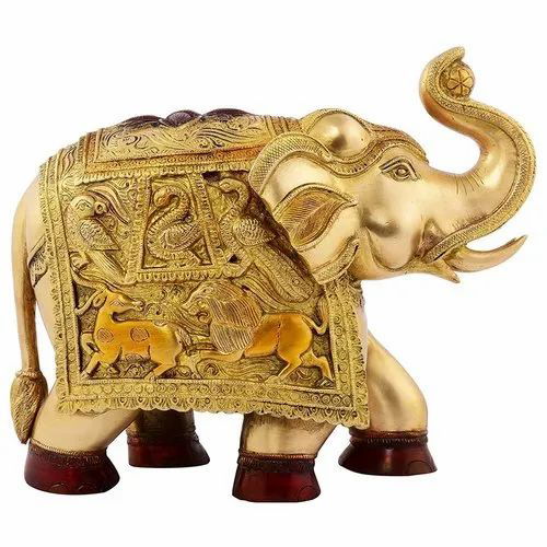 Brass Decorative Elephant Showpiece Statues-Brass Decoration Item-Golden (17.78 x 33.02 x 25.4 cm) - ArtyCraftz.com