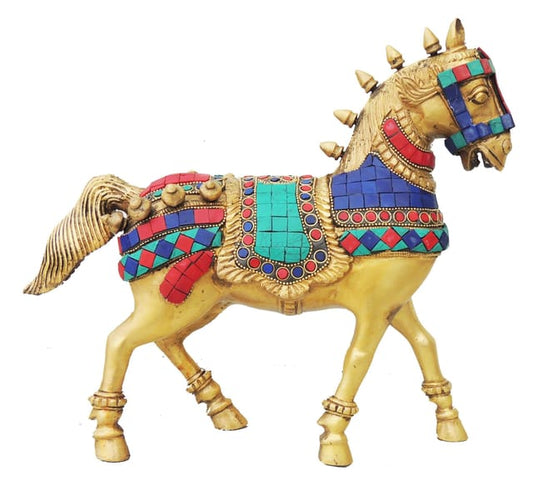 Brass Decorative Horse Statue with Gold-Tone Finish and Colorful Geometric Details-artycraft.com