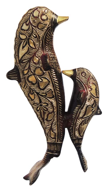 Brass Dolphin Pair Statue with Intricate Floral Engravings and Golden Finish-artycraftz.com