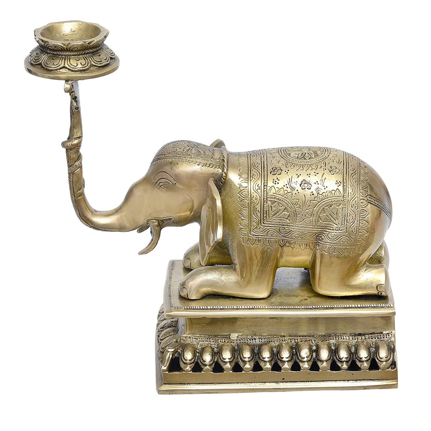 Brass Elephant Sitting on Brass Beautiful Base with Diya Height 10 Inch - ArtyCraftz.com