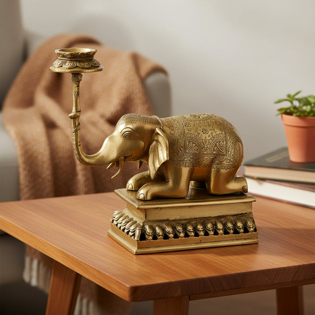 Traditional brass elephant candle holder with engraved decorative details-artycraftz.com