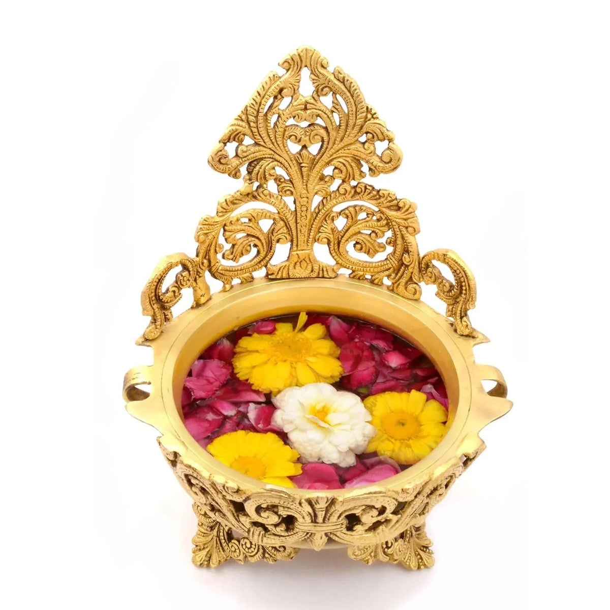 Brass Ethnic Traditional Design Urli in White Background Filled Flowerson Urli