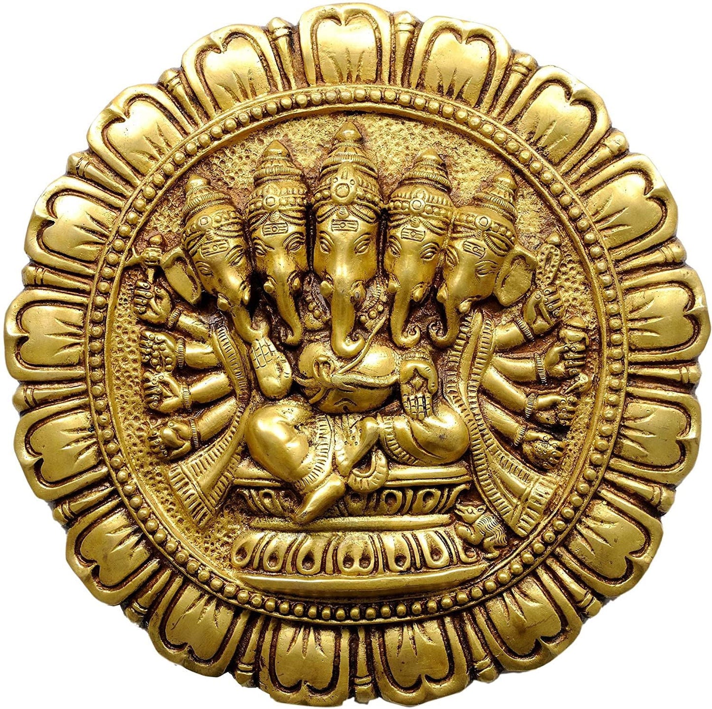 Brass Five-Headed Ganesha Ganesh Murti Idol Statue Wall Hanging Plate Height 11.5 Inches - ArtyCraftz.com