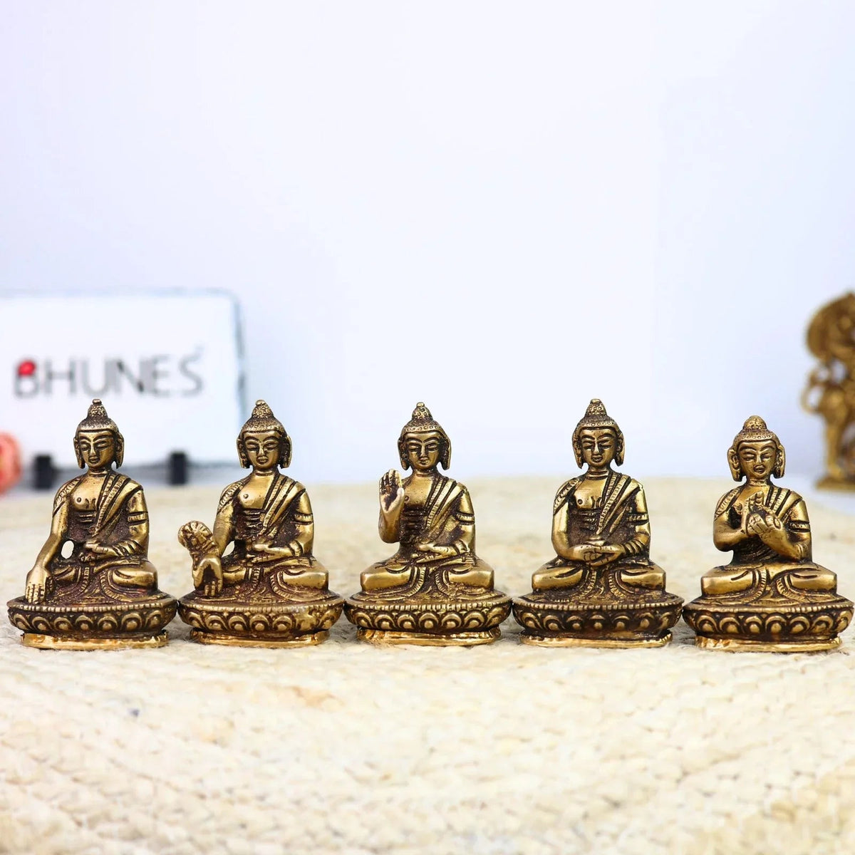 Brass Five Meditating Buddhas Idols-ArtyCraftz.com