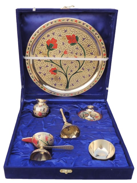 Brass Floral Embossed Pooja Thali Set with Velvet Gift Box-ArtyCraftz.com