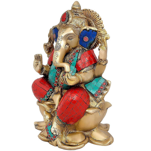 Brass Ganesha Sitting on Lotus Statue – Handmade Brass Ganesh Idol for Home Temple & Decor
