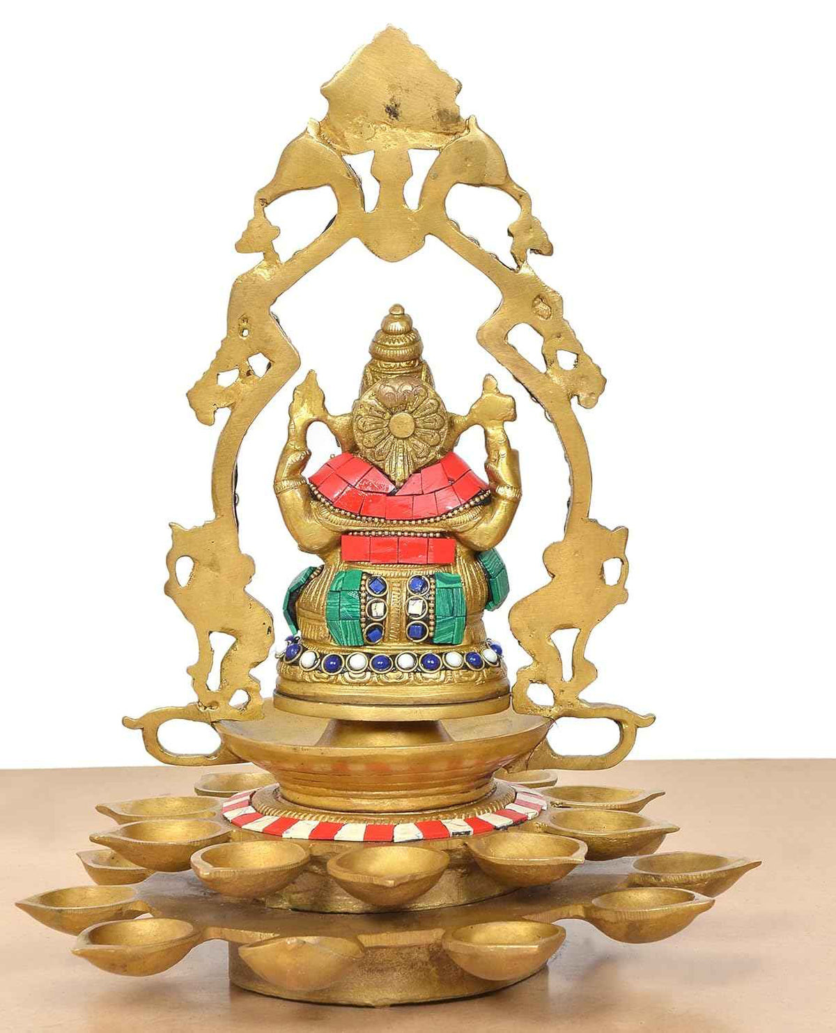 Brass Ganesha Diya with Prabhavali Arch – Decorative Multi-Wick Oil Lamp (12 Inch)