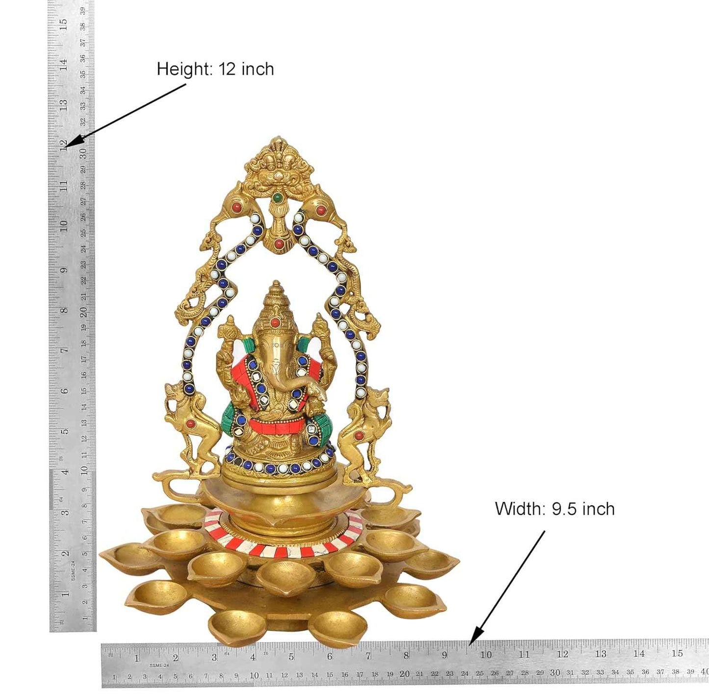 Brass Ganesha Diya with Prabhavali Arch – Decorative Multi-Wick Oil Lamp (12 Inch)