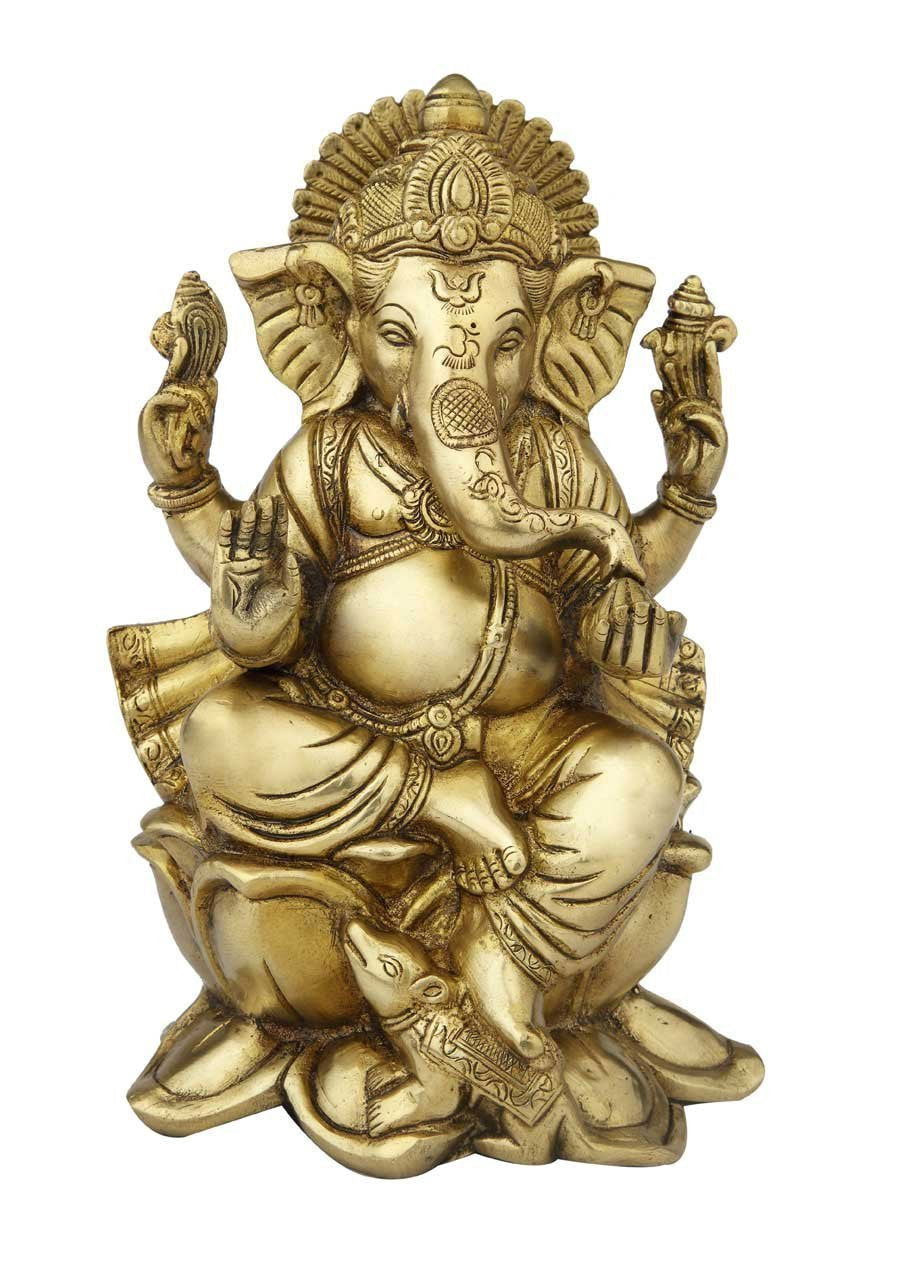 Brass Ganesha Ganesh Murti Idol Statue Sitting on Lotus Flower Base Murti Statue Height 10 inches - ArtyCraftz.com