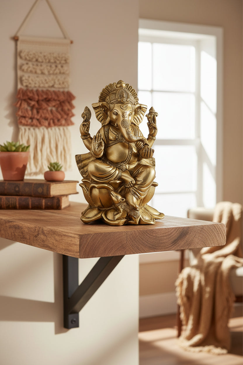 Brass Ganesha Ganesh Murti Idol Statue Sitting on Lotus Flower Base Murti Statue Height 10 inches - ArtyCraftz.com
