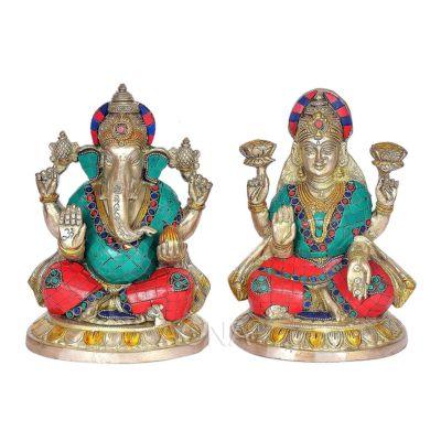 Brass Ganesha Lakshmi Inlay Work Statue