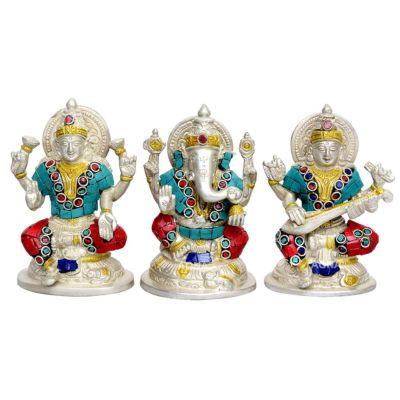 Brass Lakshmi Ganesha Saraswati Idol Set – Silver Color