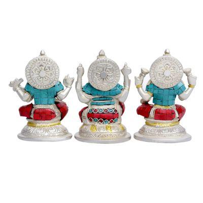 Brass Lakshmi Ganesha Saraswati Idol Set – Silver Color Back View