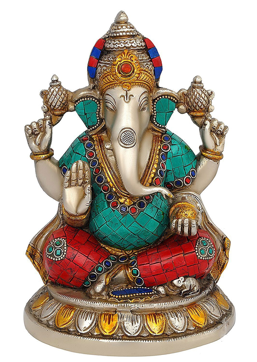 Brass Ganesha Sitting on Lotus Statue, Height 8 inches - ArtyCraftz.com
