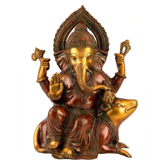 Handcrafted 12-inch solid brass Ganesha idol seated with Mooshika beside him — copper and green two-tone antique finish, ornate arch crown, four arms in blessing pose — ArtyCraftz
