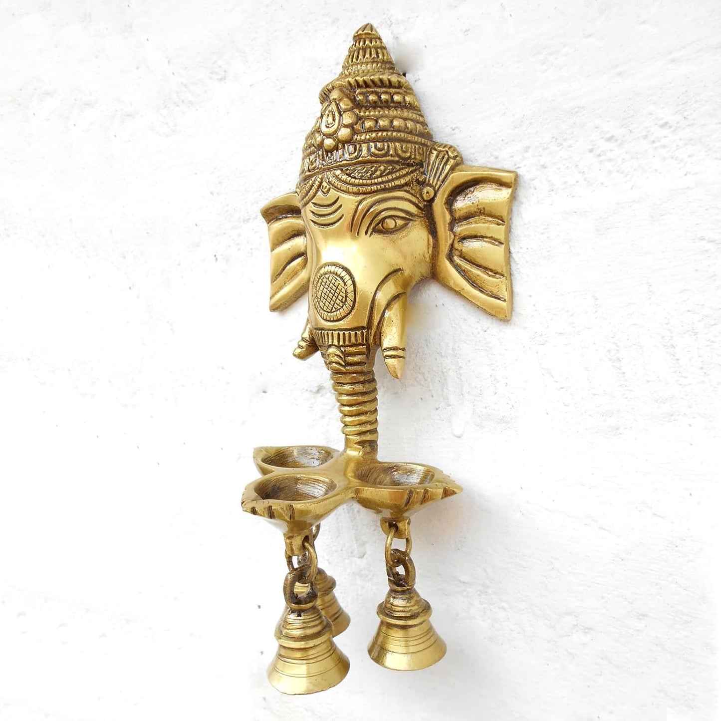 Brass Ganesha Wall hanging with 3 Wicks Lamp and Bell