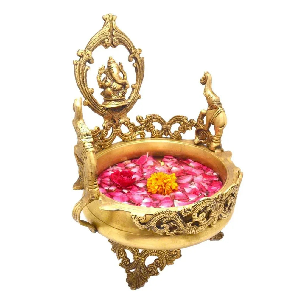 Brass Ganesha and Elephant Design Decorative Urli-ArtyCraftz.com