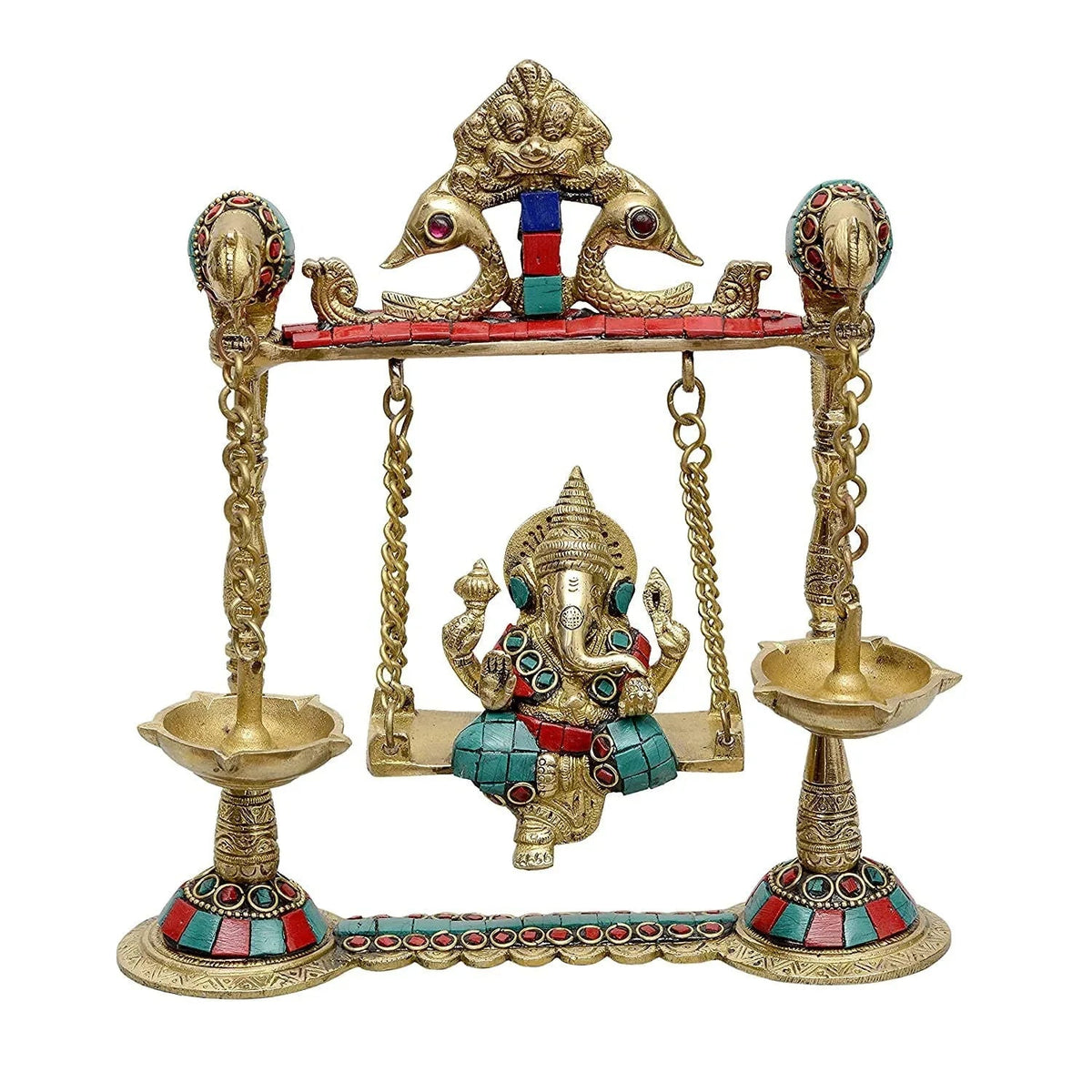 Brass Ganesha on Swing Statue Idol Murti, Height 9 inch - ArtyCraftz.com