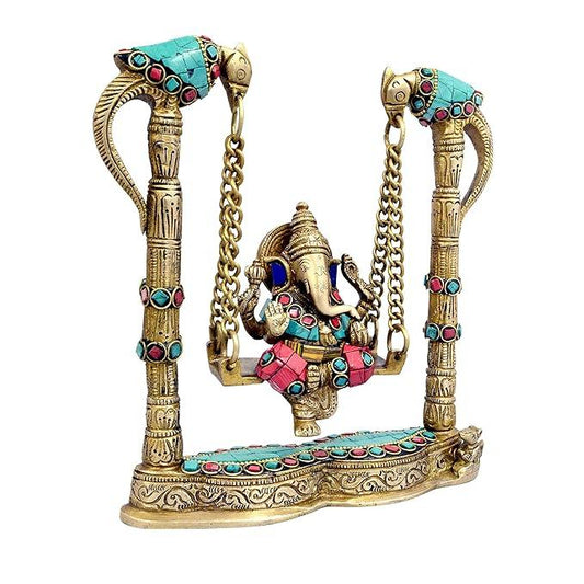 Brass Ganesha on a Swing Statue with Two Parrot Holding Chain