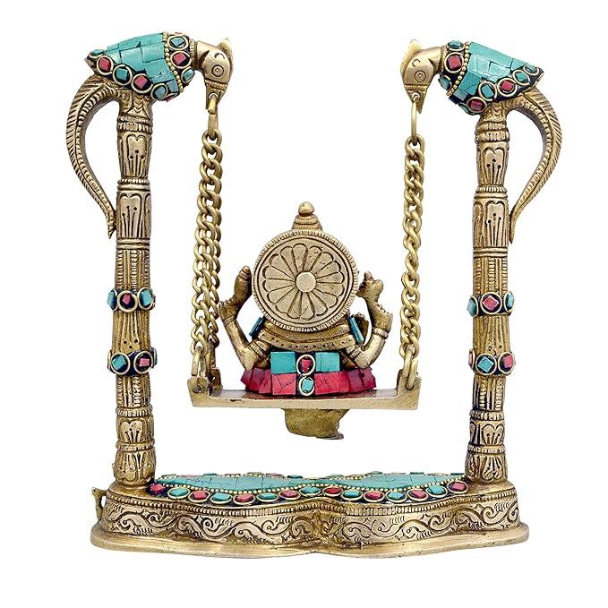 Brass Ganesha on a Swing Statue with Two Parrot Holding Chain