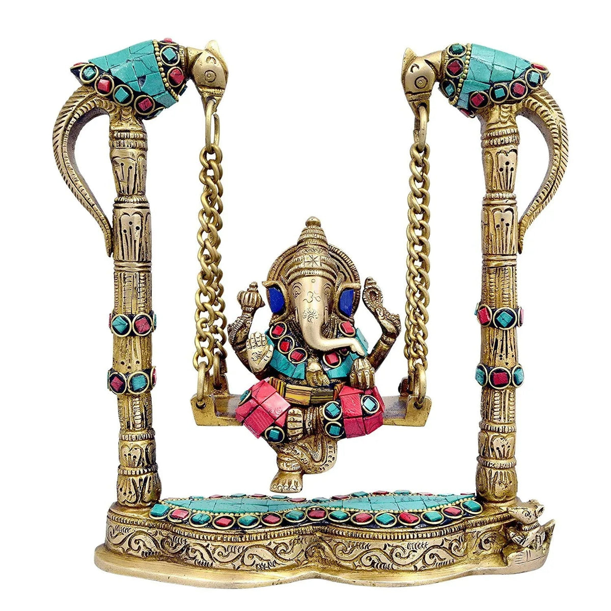 Brass Ganesha on a Swing Statue with Two Parrot Holding Chain, 8.5 x 8 x 3 inches, Gold - ArtyCraftz.com