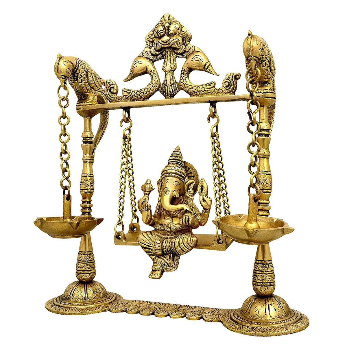 Brass Ganesha on a Swing with Two Parrots for Home Decor - 8.5 Inches-ArtyCraftz.com