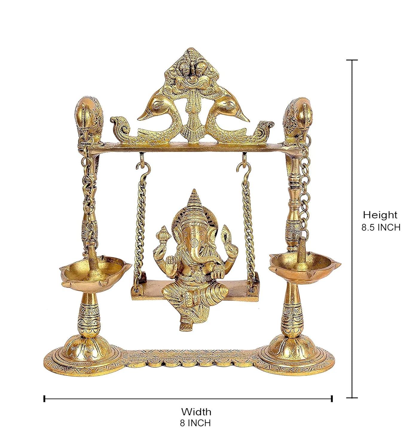 Brass Ganesha on a Swing with Two Parrots for Home Decor - 8.5 Inches-ArtyCraftz.com